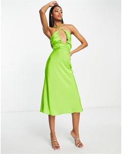 Атласное платье миди зеленого цвета с бретелькой через шею перекрестной отделкой спереди и завязкой  Asos design