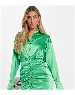 Зеленое атласное платье рубашка со сборками Asyou