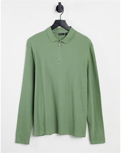 Зеленая рубашка поло из вафельного трикотажа с длинными рукавами и короткой молнией Asos design