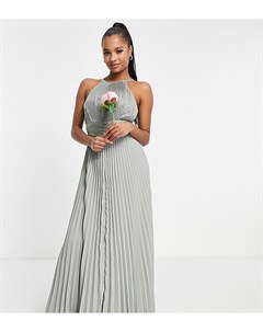 Оливковое плиссированное платье сарафан макси для подружки невесты с атласным поясом ASOS DESIGN Pet Asos petite