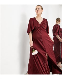 Атласное платье макси бордового цвета с расклешенными рукавами и застежкой на пуговицах спереди Curv Asos edition