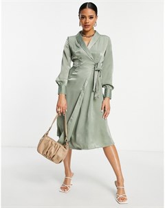 Атласное платье миди шалфейно зеленого цвета с запахом Unique21