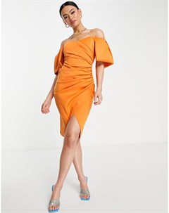 Оранжевое платье миди с вырезом сердечком запахом на лифе и открытыми плечами Asos design