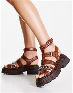 Кожаные сандалии коричневого цвета с цепочками и на толстой подошве Pioneer Topshop