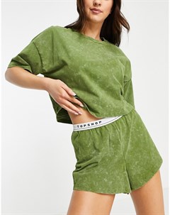 Пижамный комплект цвета хаки с фирменной отделкой и эффектом кислотной стирки Topshop