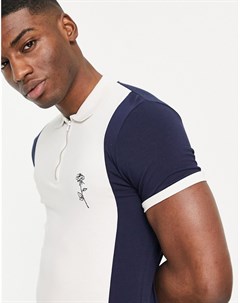 Темно синяя облегающая футболка поло в рубчик с вышивкой на груди Asos design