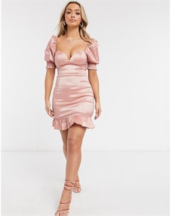 Розовое платье мини с пышными рукавами и оборкой London Rare