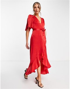 Красное атласное платье макси с расклешенным рукавом и запахом спереди Flounce london