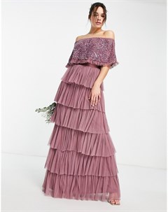 Розовато лиловое платье макси с открытыми плечами отделкой и ярусной юбкой из тюля Bridesmaid Beauut