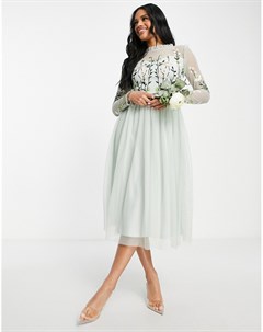 Шалфейно зеленое платье макси подружки невесты с плиссированной юбкой и вышивкой на топе Bridesmaid Frock and frill