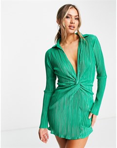 Эксклюзивное платье мини зеленого цвета из плиссированной ткани с запахом спереди и длинными рукавам Missyempire