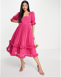 Платье цвета розовой фуксии с квадратным вырезом и пышными рукавами Bridesmaid Maya