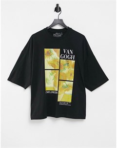 Черная oversized футболка с принтом картины Подсолнухи Винсента Ван Гога Asos design