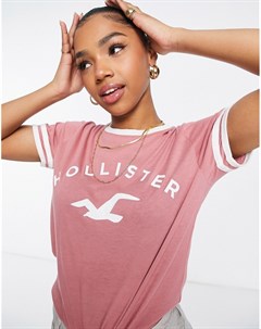 Розовая футболка с контрастным логотипом Hollister