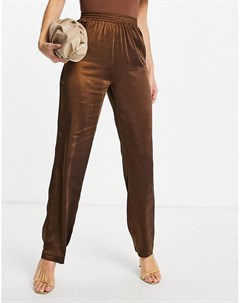 Атласные брюки шоколадного цвета с эластичной резинкой на талии Aria cove