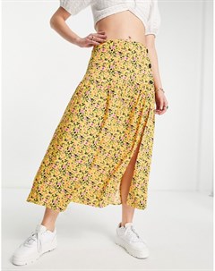 Желтая юбка миди на пуговицах сбоку с цветочным принтом Asos design