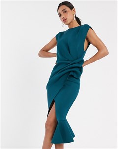 Сине зеленое платье футляр миди с оборкой на подоле Asos design