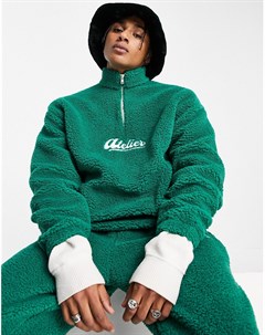 Зеленый oversized свитшот из искусственного меха с короткой молнией и вышивкой в университетском сти Asos design