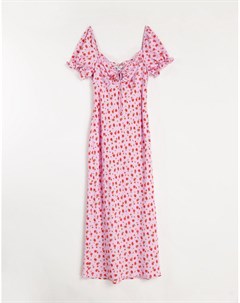 Розовое платье миди из переработанного смесового полиэстера с открытыми плечами и цветочным принтом Topshop