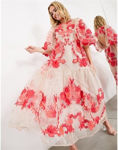 Платье миди из органзы розового цвета с цветочной вышивкой и присборенной юбкой Asos edition