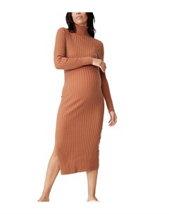 Коричневое платье миди в рубчик с высоким воротом Cotton:on maternity