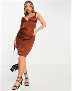Присборенное платье миди шоколадного цвета с корсетной отделкой Femme luxe
