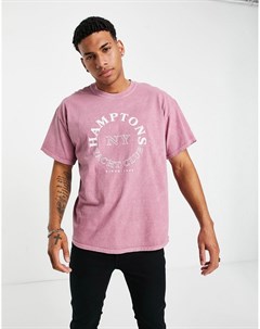 Темно розовая oversized футболка с принтом Hamptons New look
