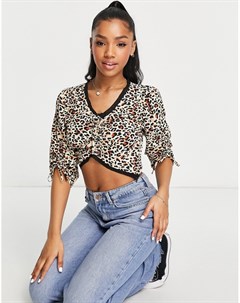 Укороченная блузка с пышными рукавами кружевной отделкой и леопардовым принтом Wednesday's girl