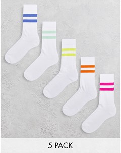 Набор из 5 пар белых спортивных носков с яркими полосками Asos design