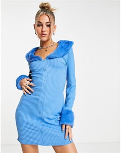 Ярко синее платье мини в рубчик с отделкой из искусственного меха Asos design