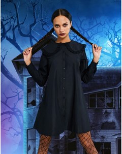 Черное короткое платье рубашка на пуговицах с вышивкой ришелье и круглым воротником Asos design