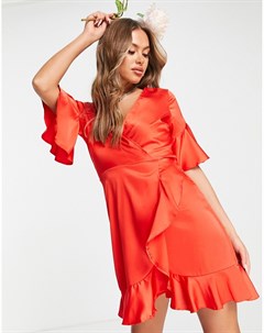 Красное атласное платье мини с оборками Ax paris
