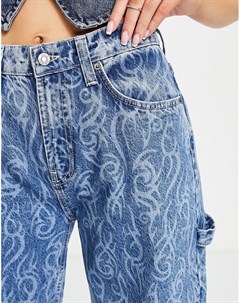 Oversized джинсы из органического смесового хлопка синего цвета с широкими штанинами и принтом завит Asos design