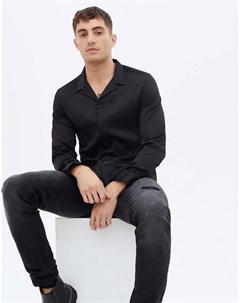 Черная атласная рубашка с отложным воротником и длинными рукавами New look