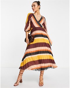 Платье миди в разноцветную полоску с запахом и плиссировкой Asos design