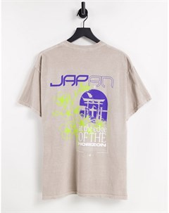 Светло бежевая окрашенная oversized футболка с принтом Japan на спине New look