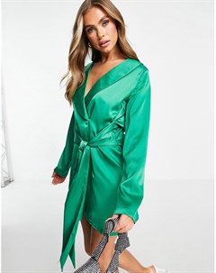 Изумрудно зеленое атласное платье блейзер с поясом спереди x Naomi Genes In the style