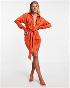 Оранжевое атласное платье рубашка с узлом спереди x Syd El In the style