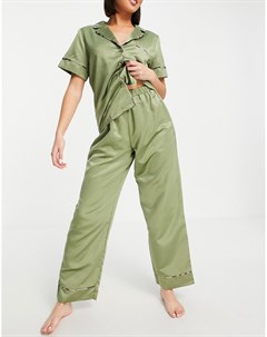 Атласные пижамные брюки оливкового цвета с отделкой кантом со звериным принтом Выбирай и Комбинируй Asos design