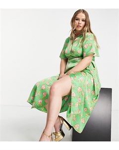 Эксклюзивное платье миди зеленого цвета с запахом и фантазийным принтом с сердечками Never fully dressed plus
