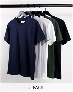 Набор из 5 классических футболок из органического хлопка белого черного серого зеленого и темно сине Topman