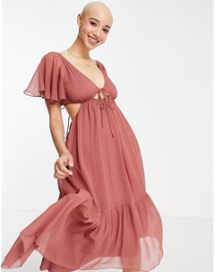 Мягкое ярусное платье миди розового цвета с завязкой спереди Asos design