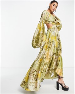Ярусное платье макси из муслина с принтом и присборенной отделкой с ремешками Asos design