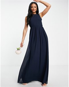 Шифоновое платье макси темно синего цвета с глубоким драпированным вырезом сзади Bridesmaid Tfnc