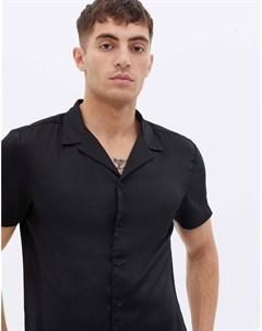 Черная атласная рубашка с отложным воротником и короткими рукавами New look