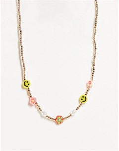 Золотистое ожерелье с бусинами в виде смайлика и цветов Asos design