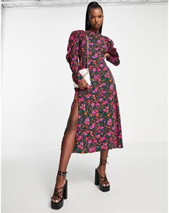 Платье миди с длинными пышными рукавами разрезом на бедре и цветочным принтом фиолетового цвета Girl in mind