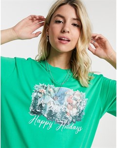 Зеленая футболка с винтажным новогодним принтом и надписью Happy Holidays Asos design