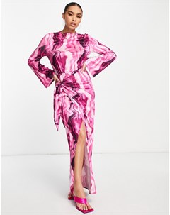 Фиолетовое атласное платье макси с длинными рукавами волнистым принтом завязками и узлом на талии Asos design