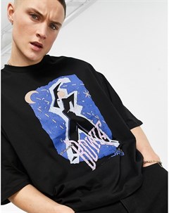 Плотная oversized футболка с эффектом кислотной стирки черного цвета с принтом спереди David Bowie Asos design